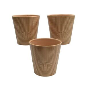 Set Of 3 Beige Ceramic Planters Cache Pots 5" Modern Minimalist Design